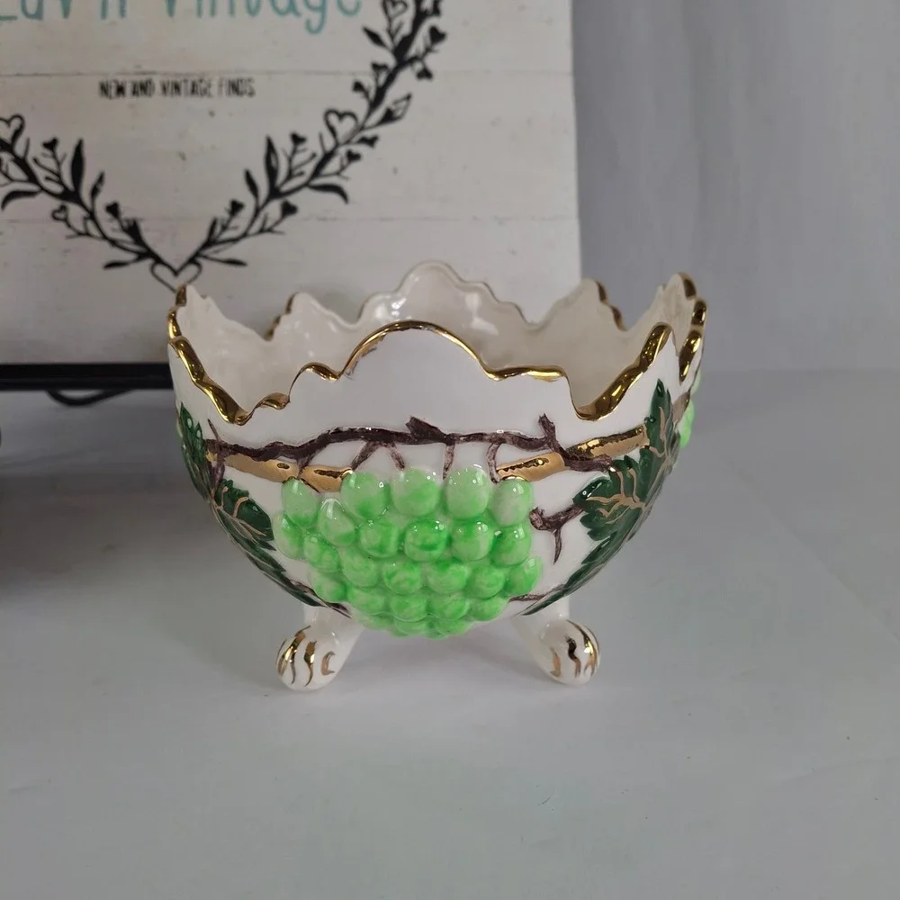 Vintage 1960 Signed SLF Ceramic Footed Bowl Green Grapes Gold Gilt Scalloped Rim